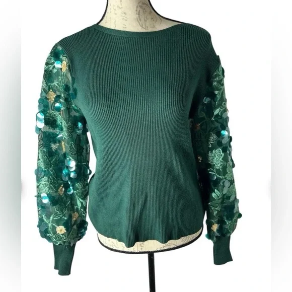 Sioni Green Embellished Sleeve Sweater - Picture 7 of 13